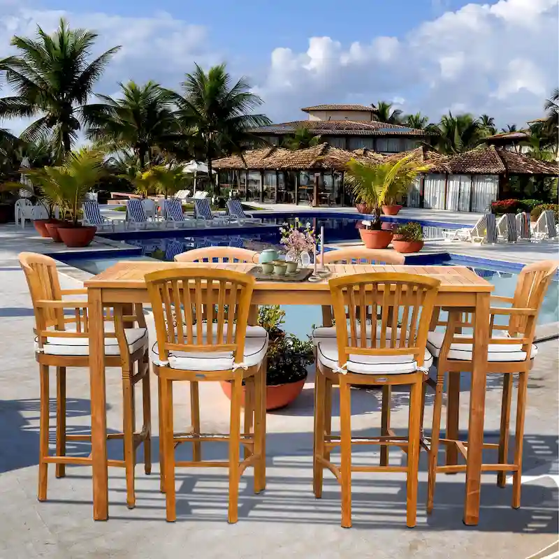 Chic Teak 7 Piece Teak Wood Orleans Patio Bistro Bar Set, 63 Bar Table, 2 Bar Chairs w/ Arms & 4 Armless Bar Chairs