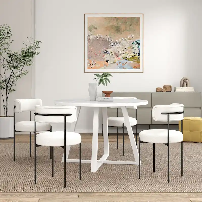 Roundhill Durban 5-Piece Round Dining Set, Trestle Dining Table with 4 Boucle Chairs