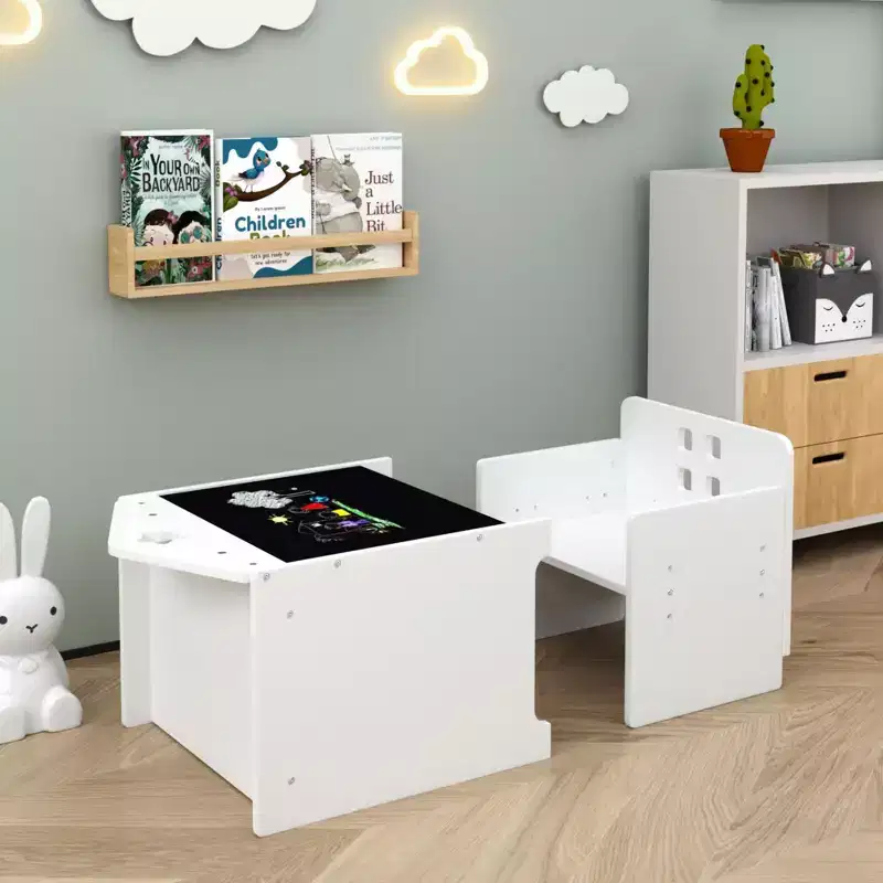 JVNOXK Wooden Children's Desk and Chair Set, Featuring a chalkboard and height-adjustable step stool, Suitable for children aged 1-3 years