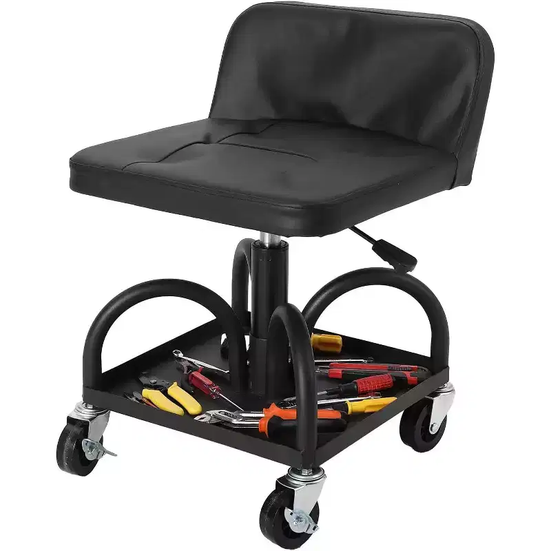 Rolling Garage Stool with Padded Seat, Height Adjustable 15.7-20.5, 300LB Capacity, Utility Tray, Lockable 360 Wheels, Black