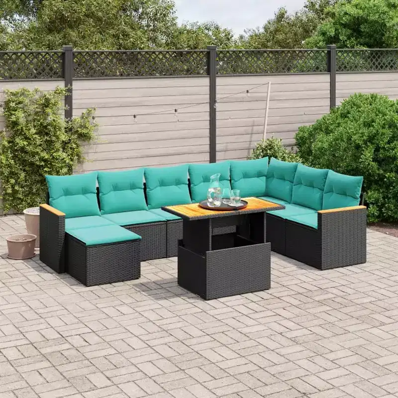 vidaXL 9 Piece Patio Sofa Set with Cushions Poly Rattan, Modular Outdoor Sectional Conversation Set, Adjustable Table, Black/Gray Options