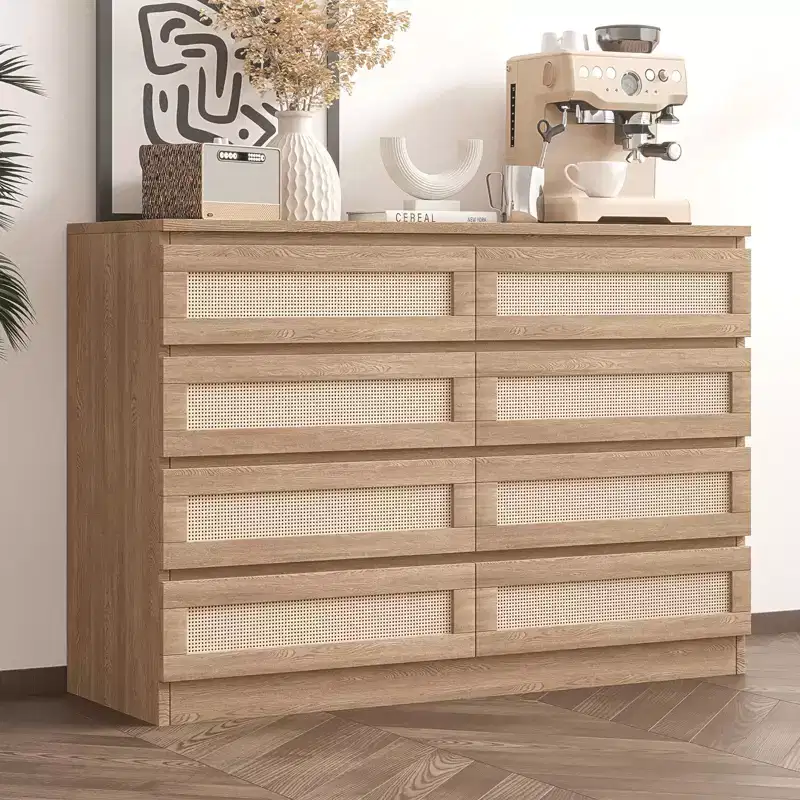 Rattan Dresser for Bedroom, Modern 8 Drawer Wooden Dresser Chest, Wide Wood Beside Table for Closet, Nursery, Living Room and Entryway