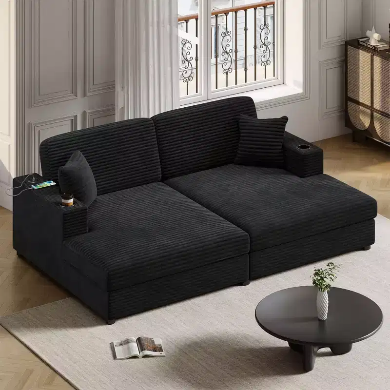 86.5 Oversized Loveseat Chaise Lounge Sectional Sofa Bed Corduroy Sleeper Sofa with Two USB Ports