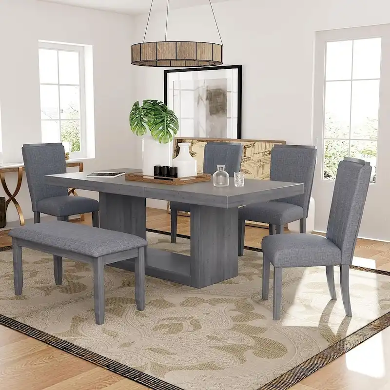 Contemporary 6-Piece Extendable Wood Dining Table Set Kitchen Table Set with Upholstered Bench and 4 Dining Chairs