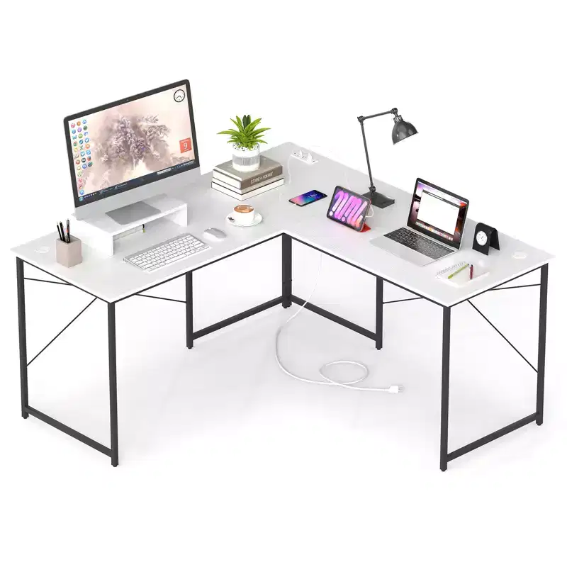 Costway L-Shaped Computer Desk with Power Outlets 95 Long 2-Person Desk with Monitor Shelf Modern Corner Desk Gaming Table with USB Ports White