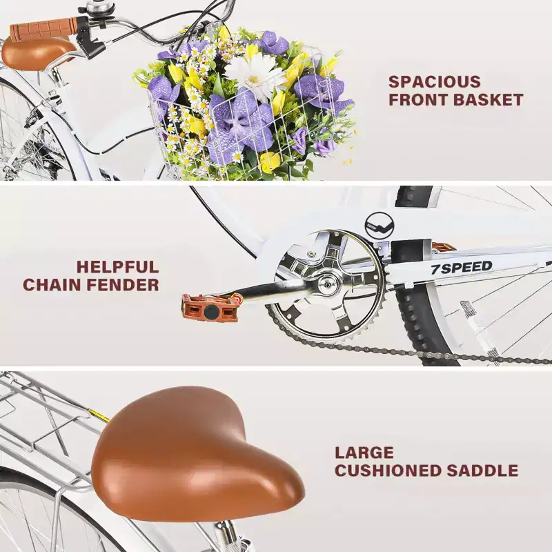 hykolity 26 Commuter Bike Beach Cruiser Bicycle City Bike Cycling 7 Speed for Adult Front Basket Rear Rack Multi Color