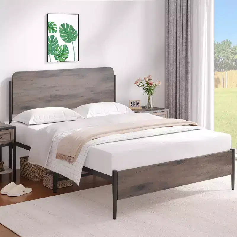 Queen Metal Bed Frame, Curved Wooden Headboard, Under Bed Storage, Steel Slats Support, No Box Spring Needed