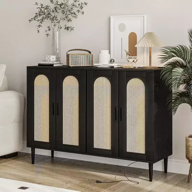 Sideboard Buffet Cabinet, 4 Rattan Doors Accent Storage Cabinet with Adjustable Shelves for Living Room