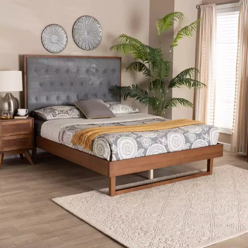 Wooden Platform Bed (Grey/Walnut Brown): Mattress base not included, with tufted headboard