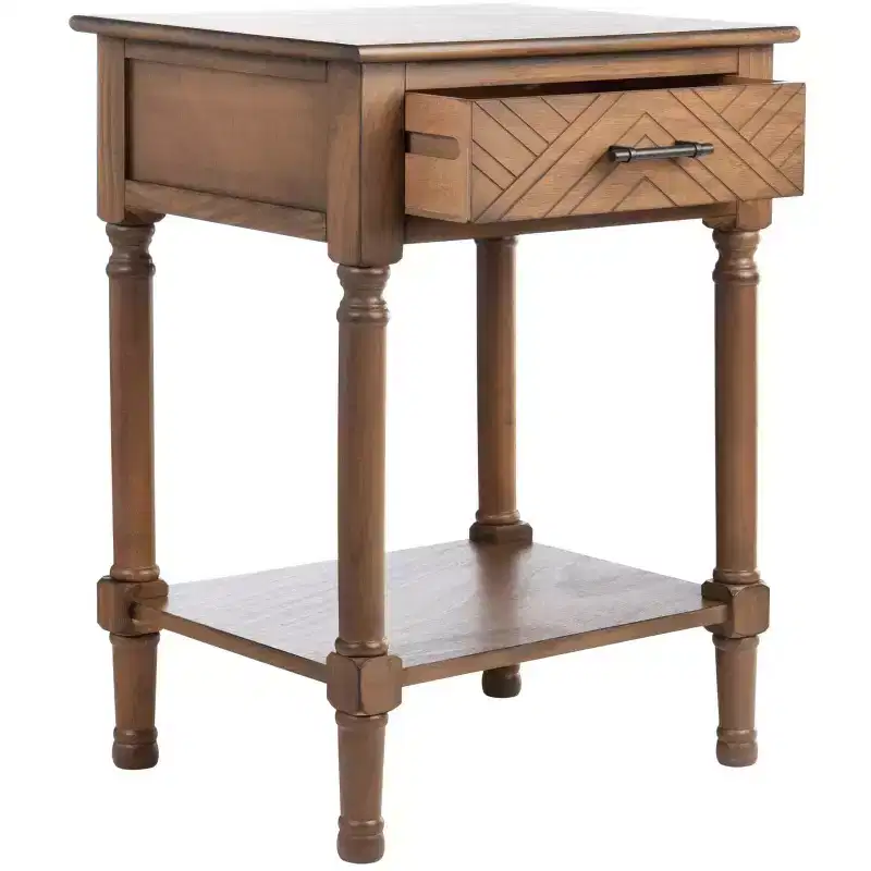 1-Drawer Accent Side Table with Herringbone Detail & Open Shelf, Distressed White