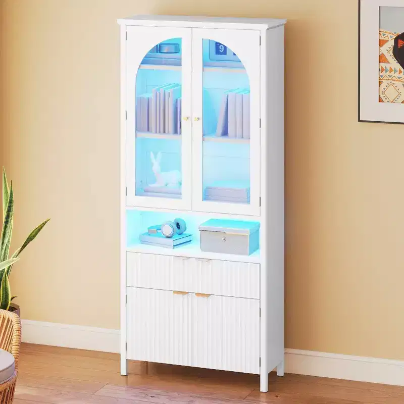 72inch Tall Bookcases with LED Light& Drawers 6 Tier Wooden Storage Bookshelf with Door Display Cabinet