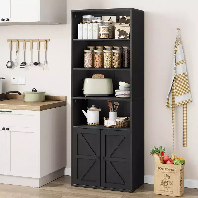 Farmhouse Bookcase with Doors 11.8in Depth Display Storage Shelves 71.4in Tall Industrial Bookshelf Wooden 6 Shelf Bookshelves for Bedroom