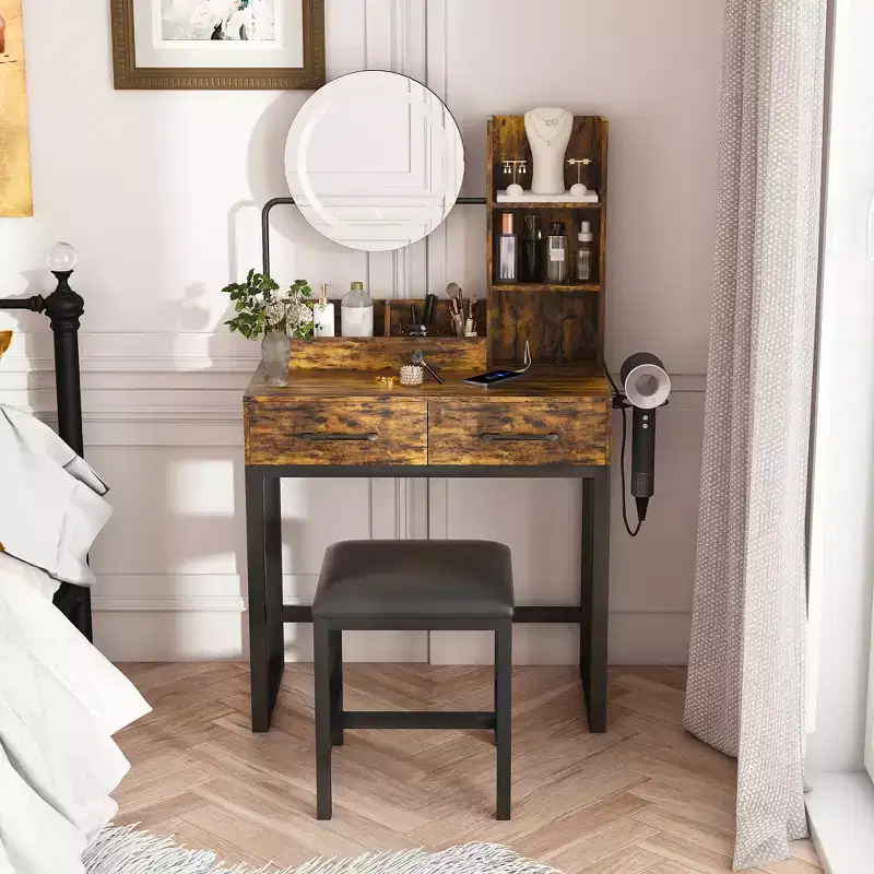 Vanity Desk with LED Lights, Power Outlet & 2 Drawers, Metal Legs, Brown