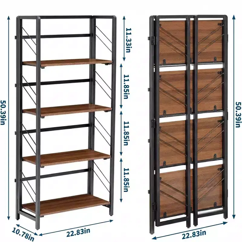 4-Tier Folding Bookshelf, No Assembly Required Vintage Bookcase, Freestanding Storage Shelves Organizer for Home Office and Study Room