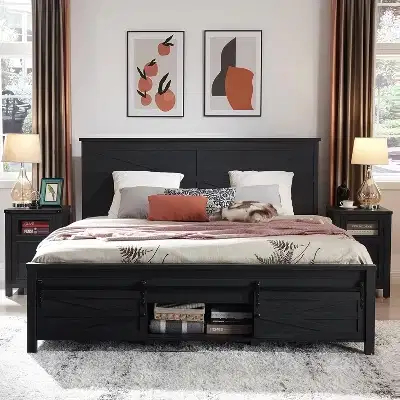 SinCiDo Beds with Headboards & Sliding Door Storage Cabinets, Farmhouse Wood Bed with Solid Wood Slats Support, Noiseless