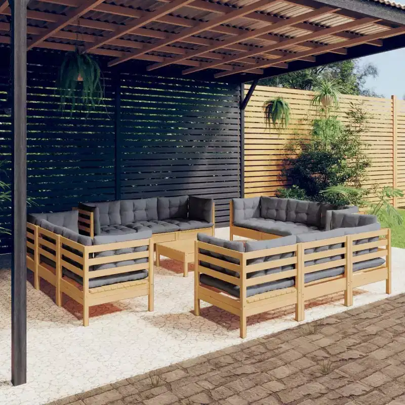 vidaXL Solid Pinewood Patio Lounge Set 13 Piece with Gray Cushions - Brown and Gray