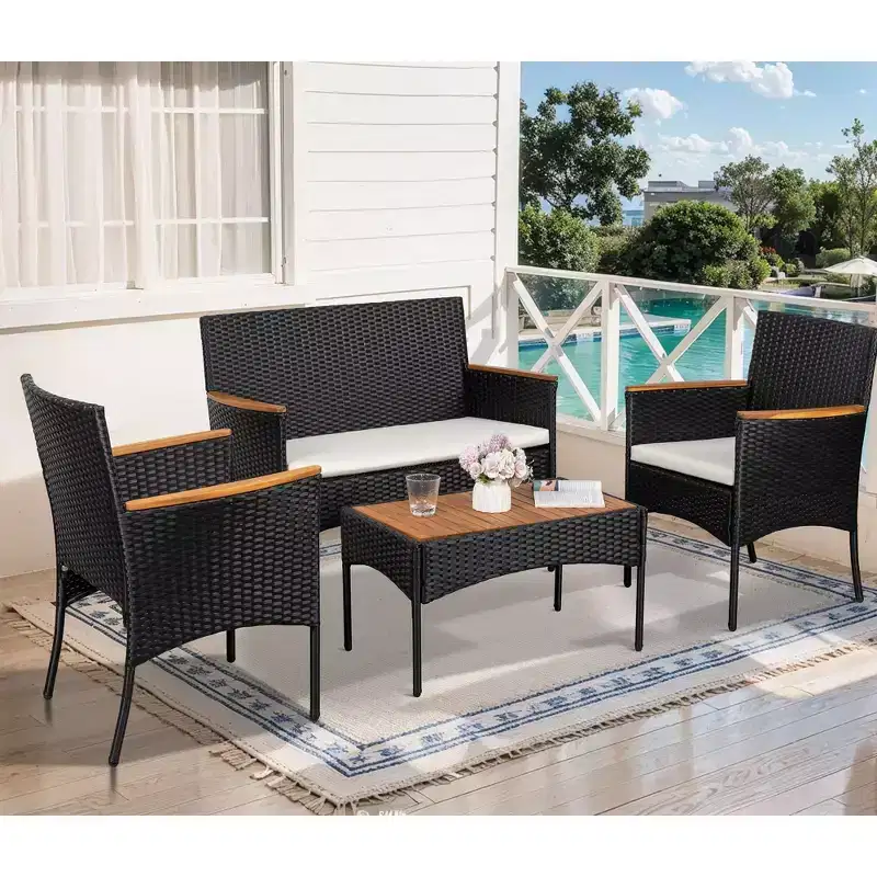 Celebalcony 4-Piece Patio Furniture Set, Outdoor Wicker Patio Conversation Furniture Set with Cushions and Wooden Tabletop for Paito Lawn Pool, Black
