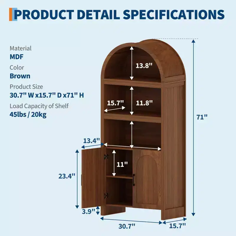 71 Tall Arched Storage Cabinet with Open Shelves & Doors, 5-Tier Modern Bookcase for Dining Room, Kitchen, or Living Room - Brown