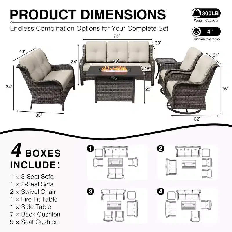 UPTIOT Premium Outdoor Sofa Set with Fire Pit Table & Swivel Chairs