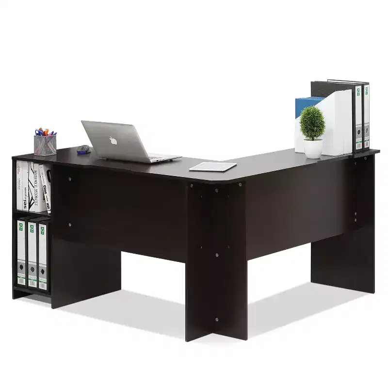 L-Shaped Computer Desk Study Gaming Table Corner Workstation with Open Bookshelves, Espresso