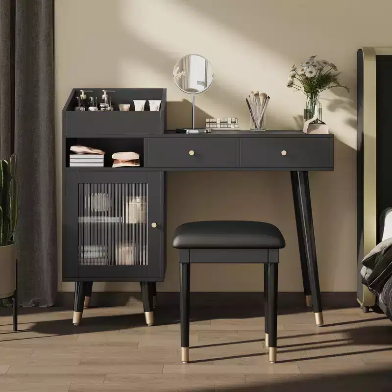 Modern Makeup Vanity Desk with Stool, Stylish Makeup Vanity Table with 2 Drawers, Space-Saving Dressing Table Set
