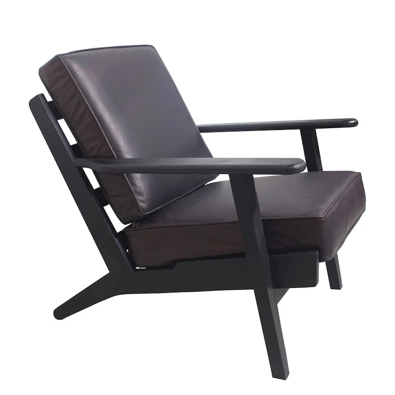 Amber Accent Chair, Handcrafted Slatted Mango Wood, Buffalo Leather Cushions, Angled Legs