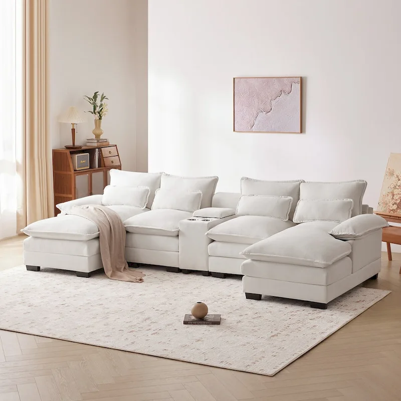 123*55U-shaped Sofa with Console, Cupholders and USB Ports, 6-seat Upholstered Symmetrical Sleeper Couch Set with Chaise