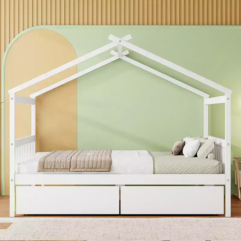 Twin/Full Size Wooden House Bed with 2 Storage Drawers - Montessori Daybed Frame with Roof