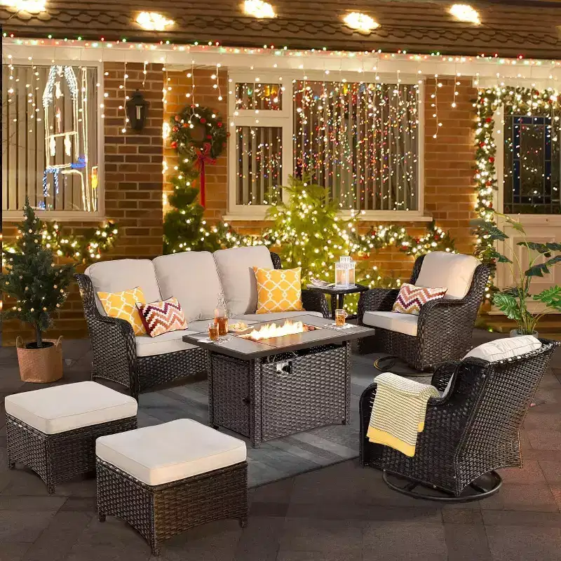 HOMLUX Outdoor Swivel Rocking Chairs with Fire Pit Table Set Patio Furniture Set
