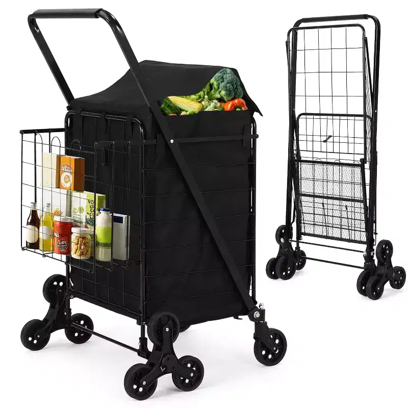 Stair Climbing Shopping Cart with Waterproof Liner, Folding Utility Cart with Rear Tri-Wheels, 360 Degree Swivel Wheels, Portable Collapsible Grocery