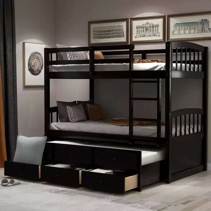 Twin Bunk Bed with Ladder, Safety Rail, Twin Trundle Bed with 3 Drawers for Teens Bedroom, Guest Room Furniture