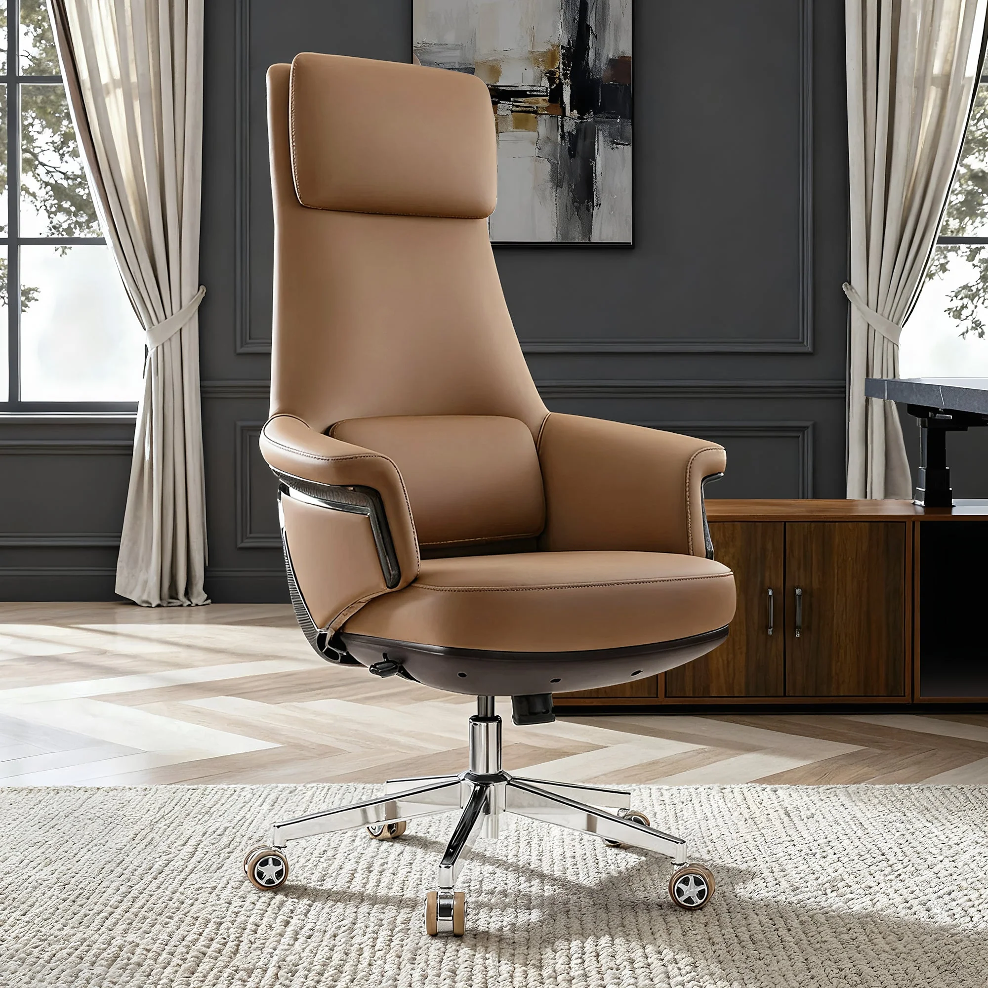 Genuine Leather Executive Office Chair - Leather & Metal Luxury