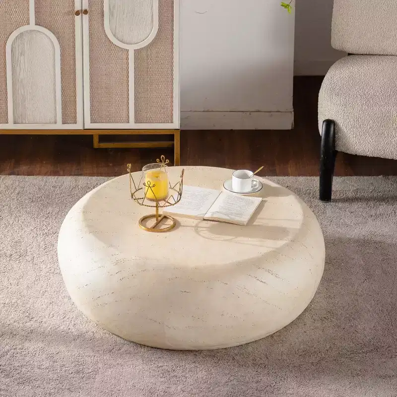 35.4 Modern Round Coffee Table, Faux Stone Center Table, Smooth Edge End Table for Living Room, No Assembly Required-Panipeachy