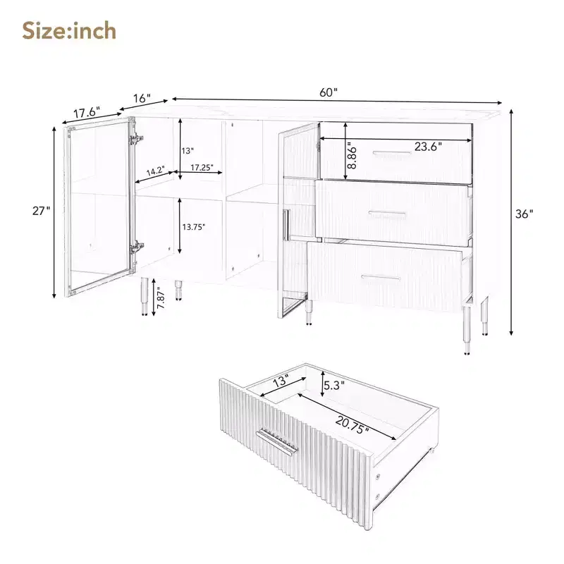 Modern Sideboard MDF Buffet Cabinet Marble Sticker Tabletop and Amber-yellow Tempered Glass Doors with Gold Metal Legs and Handles Navy Blue