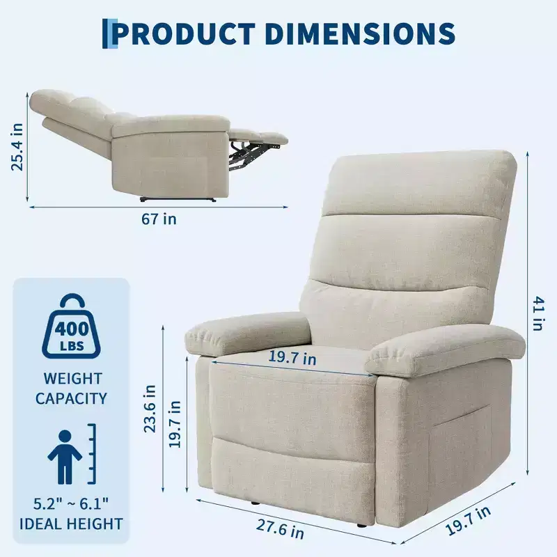 Fabric Manual Recliner with Side Pocket and Ergonomic Support