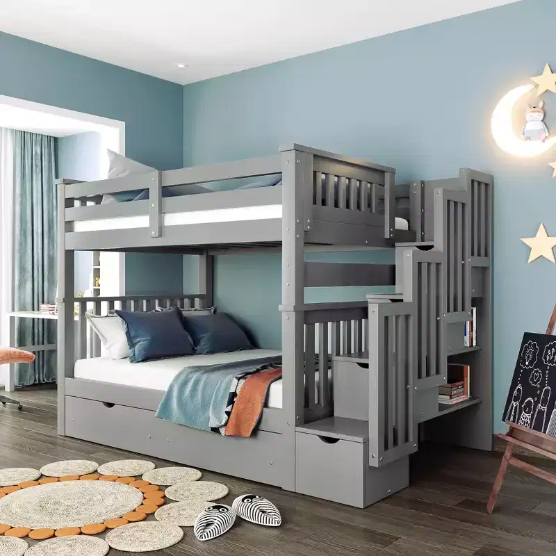 Stairway Full over Full Bunk Bed for Kids, Full Size Bunk Bed Frame with 6 Storage Drawer and Guard Rail for Bedroom Dorm