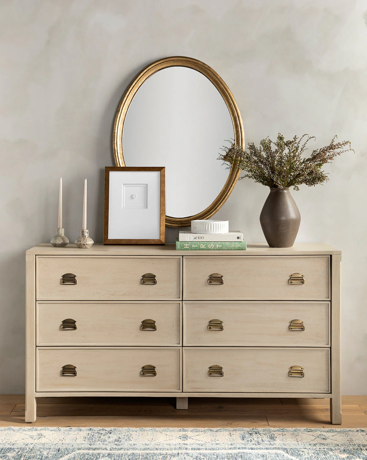 Modern White Oak Dresser with Curved Front & Brass Pulls for Bedroom