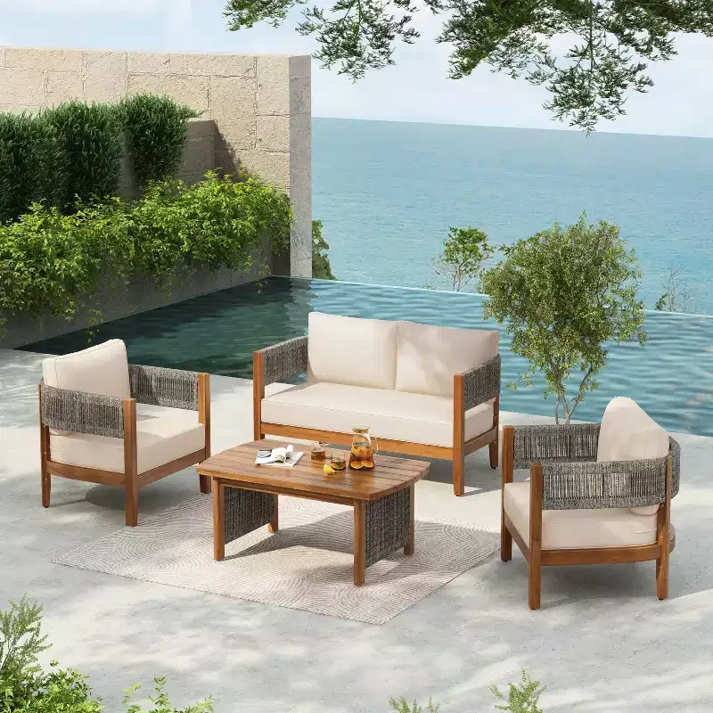 Christopher Knight Home Valentina Patio 4 Piece Rustic Rope Weave Acacia Wood Furniture Set with Cushions