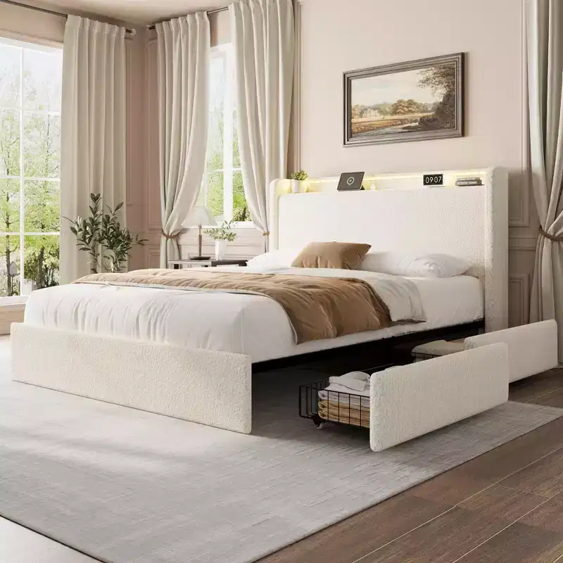 Whizmax Boucle Bed Frame - LED Headboard & Charging Station, 4 Storage Drawers, Platform with Wood Slats, No Box Spring, Cream