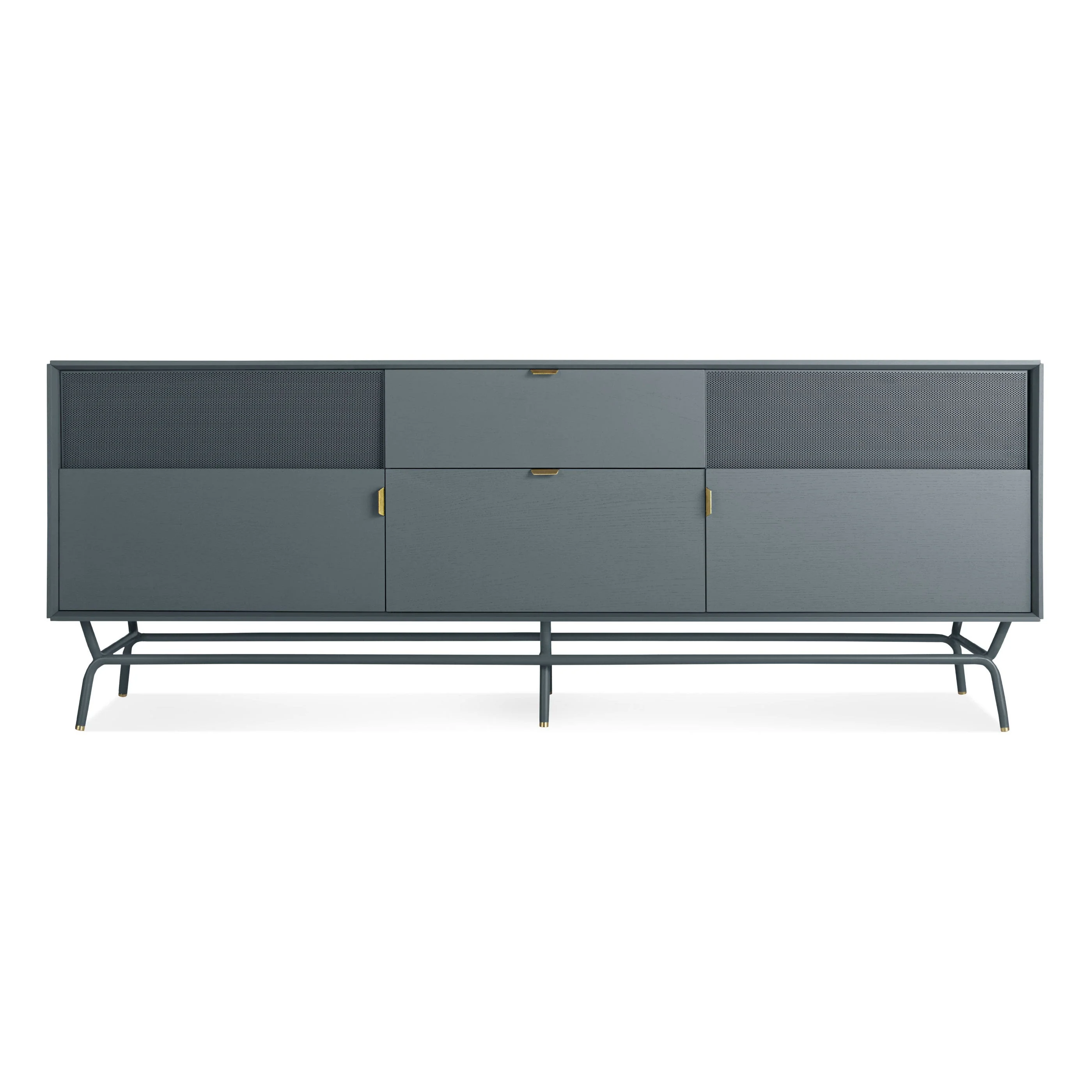 Modern Grey Steel Credenza with Perforated Doors & Brass Pulls for Living Room
