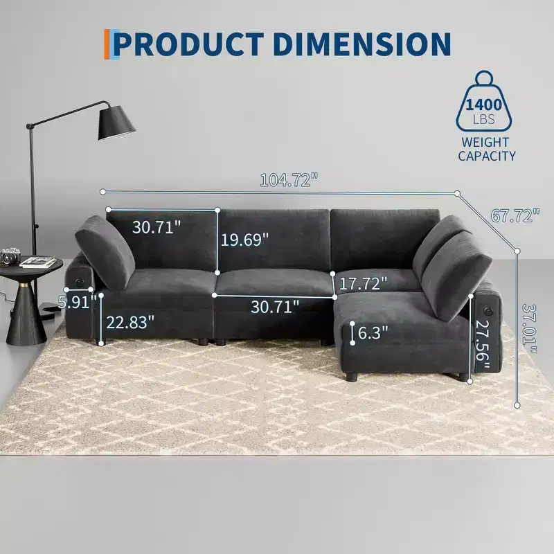 Sectional Couch, 105'' L Shaped 4 Seater Velvet Sofa with Charging Ports - Comfy Deep Seat Mid Century Modern for Living Room Apartment