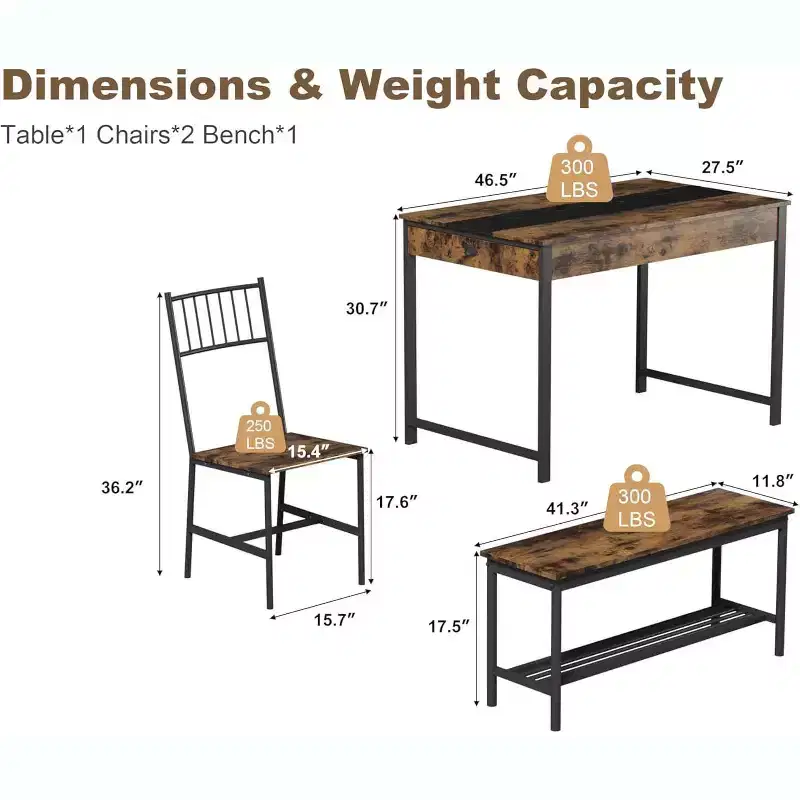Dining Table Set for 4 with Rectangular Farmhouse Table, Bench, 2 Chairs, Storage Rack & Drawers, Ideal for Small Kitchens and Breakfast Nooks.