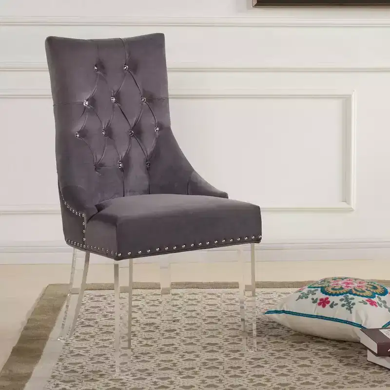 Modern and Contemporary Tufted Dining Chair in Gray Velvet with Acrylic Legs