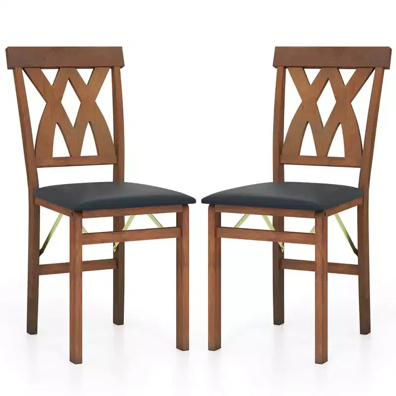 Costway Folding Kitchen Chairs Set of 2/4 with Rubber Wood Frame Padded Seat with PVC Leather White/Brown