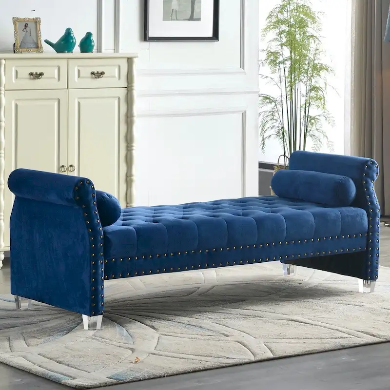 Rolled Arm Velvet Tufted Upholstered Bench, Multi-Color, Seats 2–3