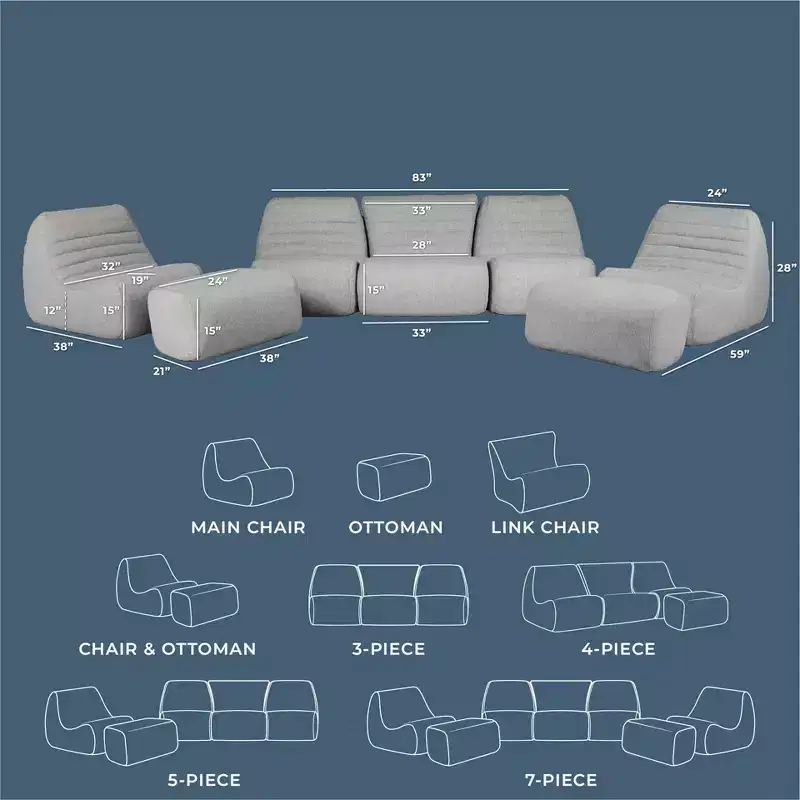 Big Joe Solvana Outdoor Patio Furniture Set, Performance Linen Weather-Resistant Fabric Sofa, 7 Piece Sectional, Port Gray