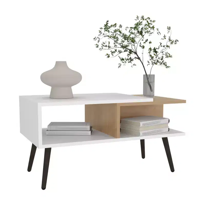 Multicolor Scandinavian Coffee Table with 2 Shelves 4 Legs White and Natural Oak