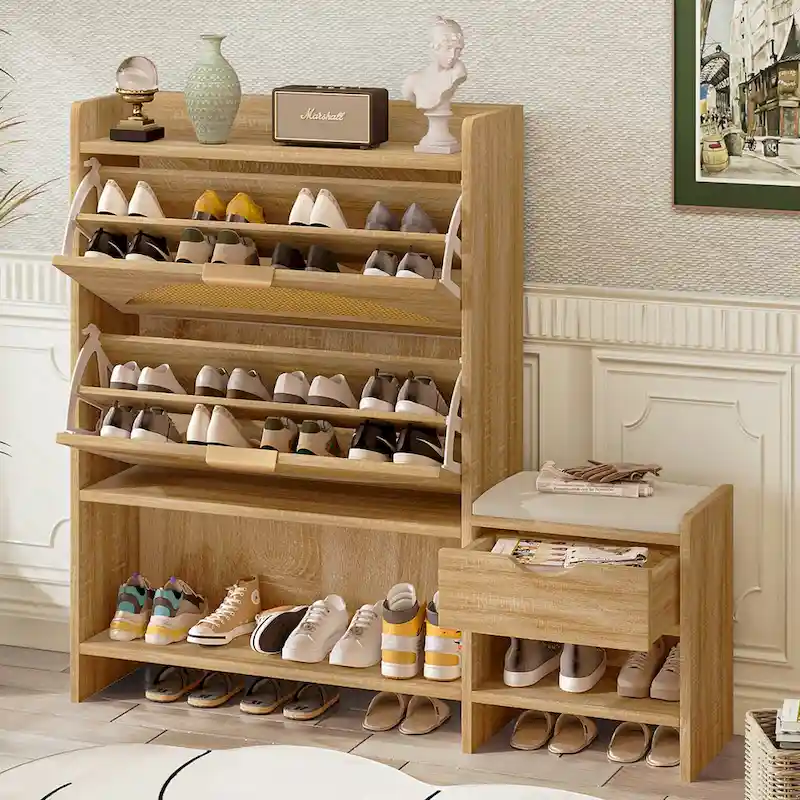 47.2 Rattan Shoe Storage Cabinet with 2 Flip Drawers, Narrow Shoe Rack Cabinet with 1 Storage Drawer & Bench for Hallway