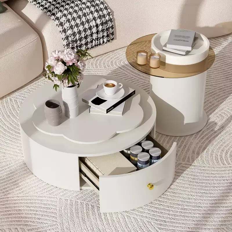 360 Rotatable Coffee Table Round Nesting Coffee Table with Flower Top & 2 Drawers, Accent Table Cocktail Table End Table Side Table-ModernLuxe