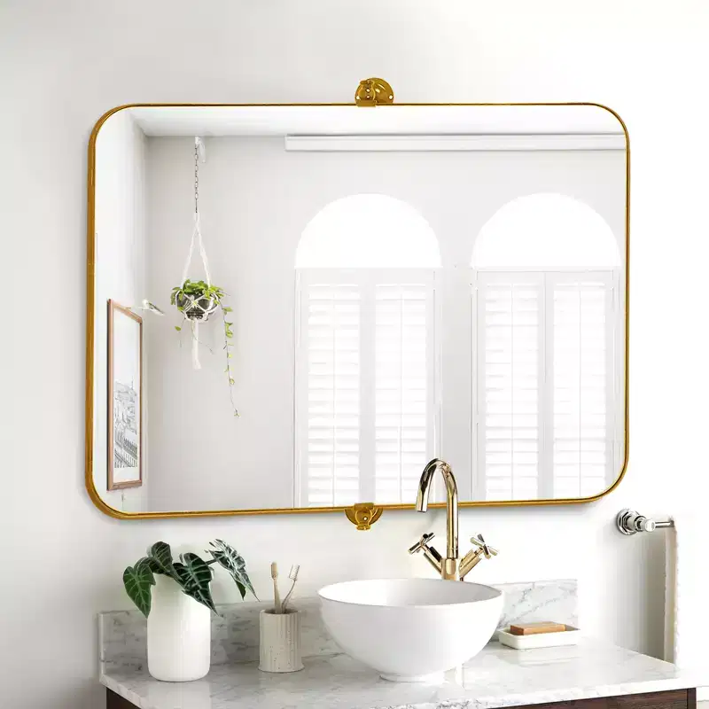MAYEERTY 35.83x24.02x1.57in Wrought Iron Rounded Rectangle Gold Metal Hanging Mirror